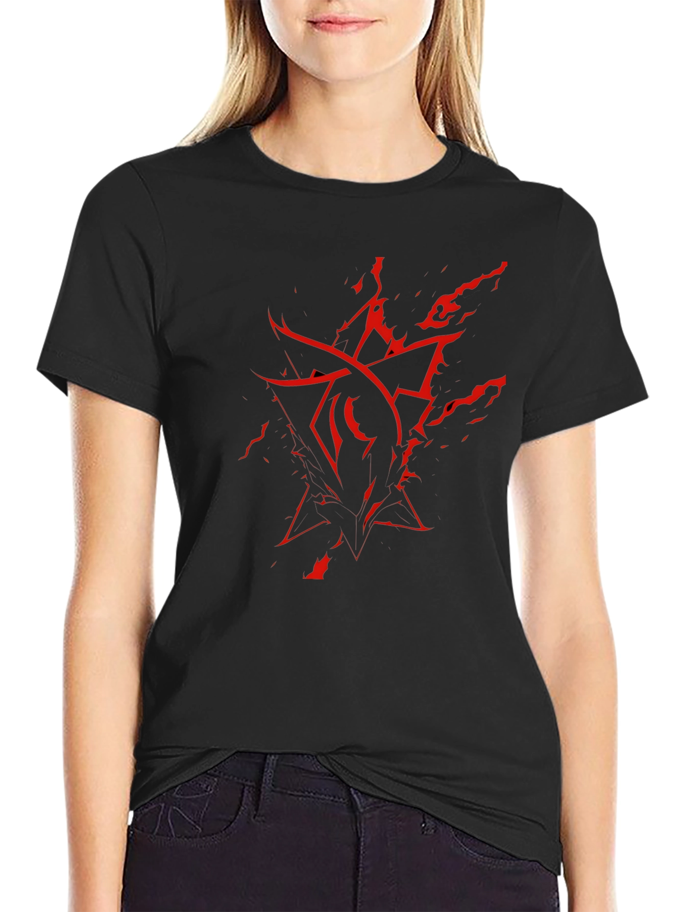 Mens Black T-Shirt with Red Abstract Graphic