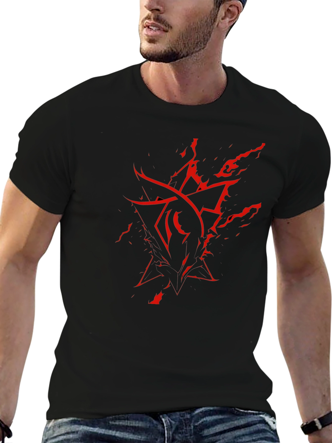 Mens Black T-Shirt with Red Abstract Graphic