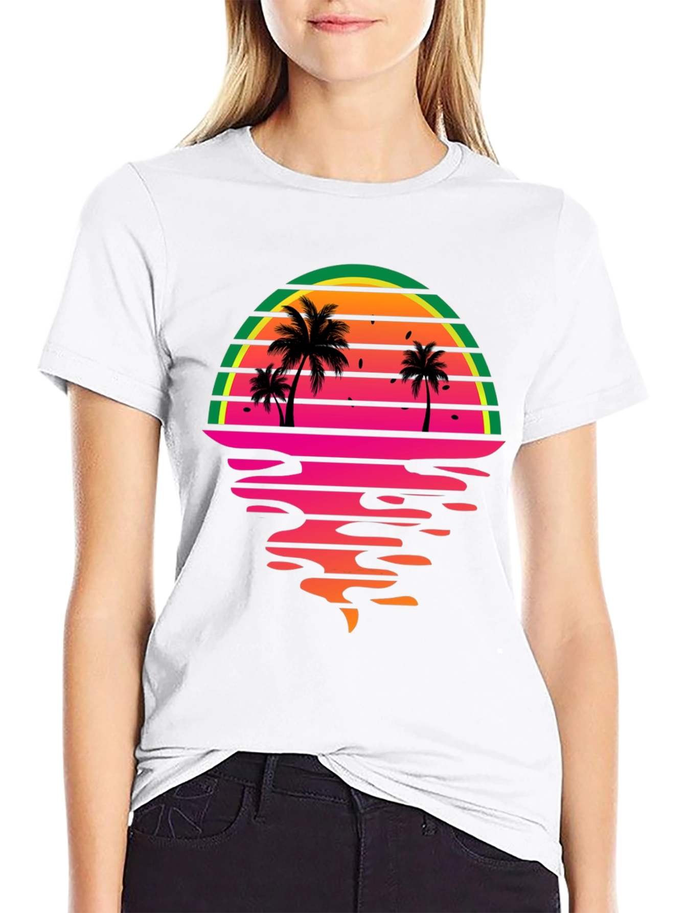 Retro Sunset Palm Tree Graphic Tee - Black