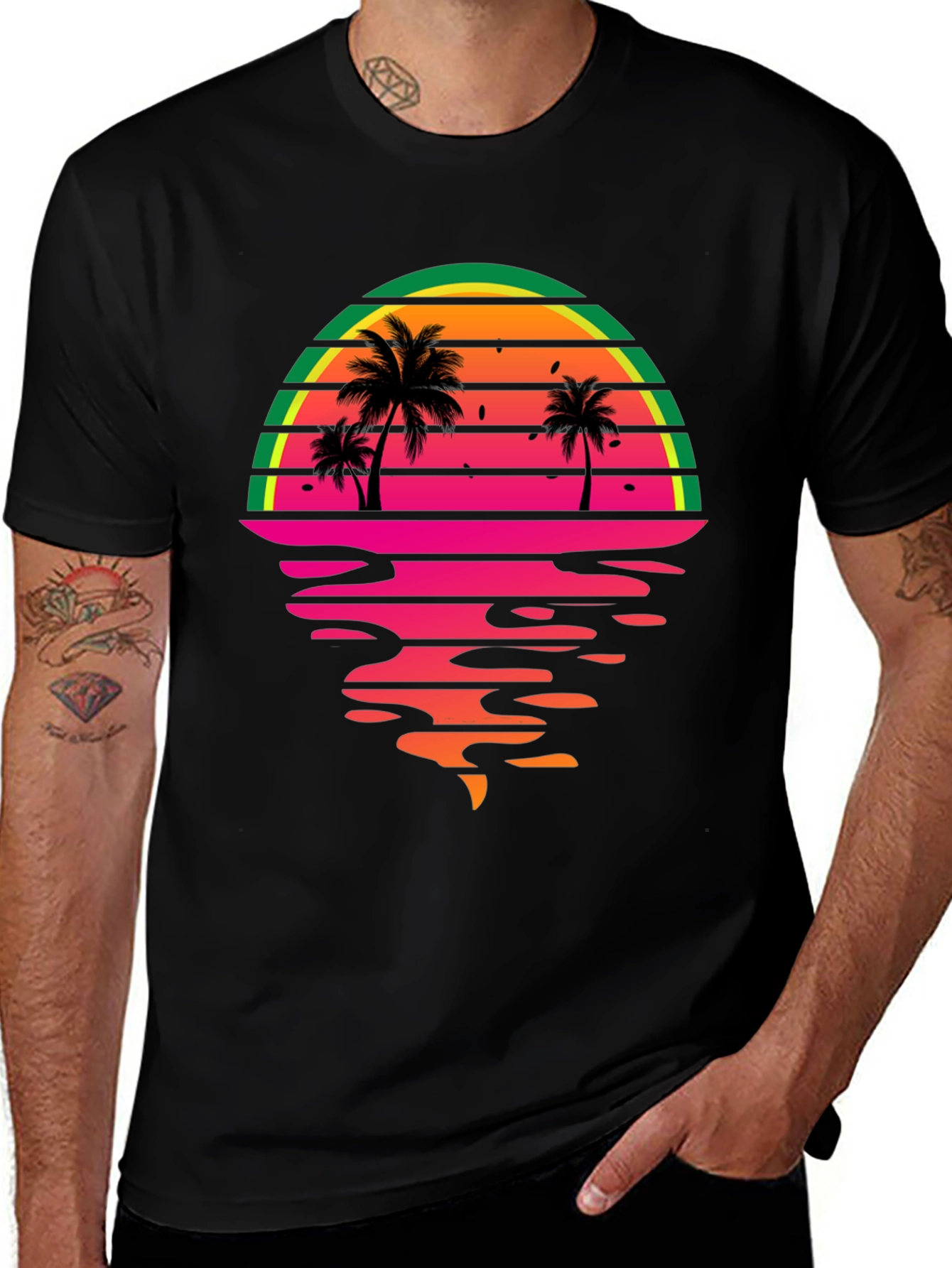 Retro Sunset Palm Tree Graphic Tee - Black