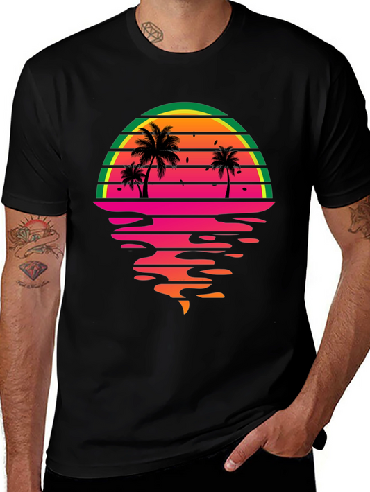 Retro Sunset Palm Tree Graphic Tee - Black
