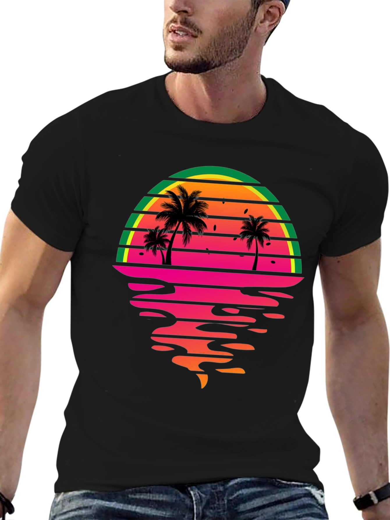 Retro Sunset Palm Tree Graphic Tee - Black