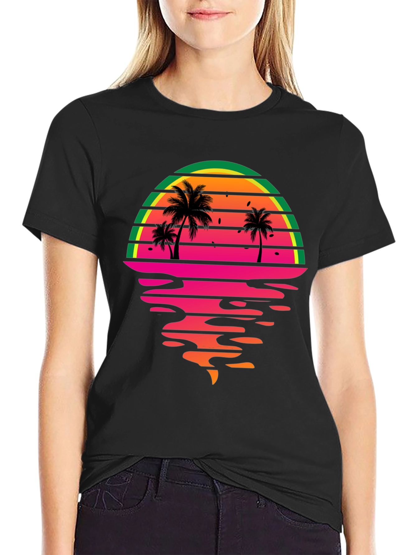 Retro Sunset Palm Tree Graphic Tee - Black