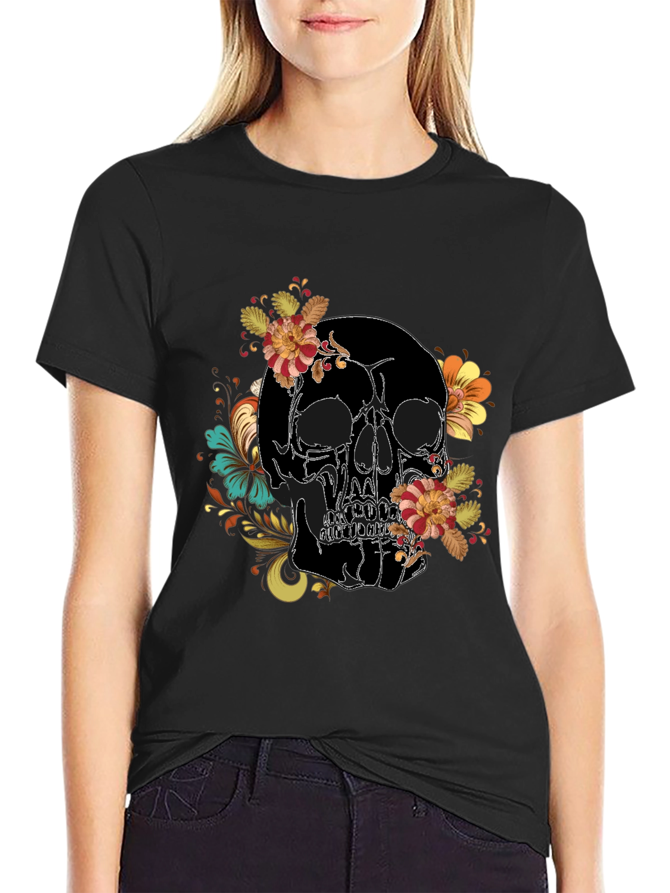 Skull Floral Print Black Tee