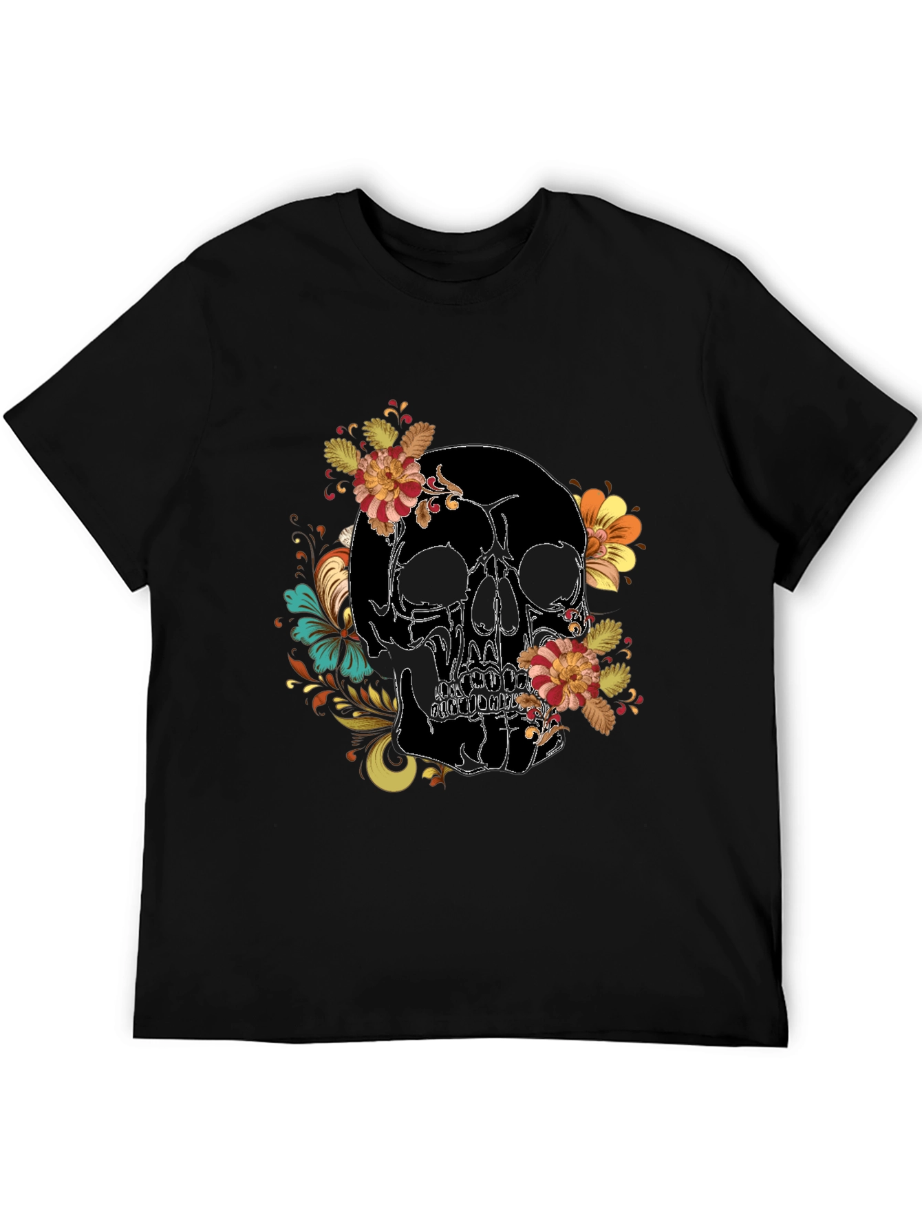 Skull Floral Print Black Tee