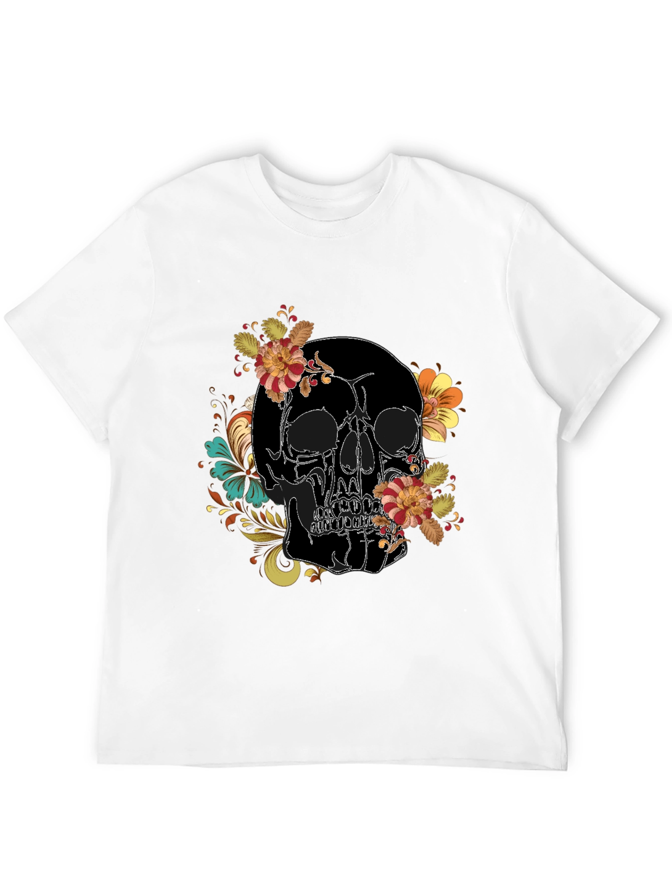 Skull Floral Print Black Tee