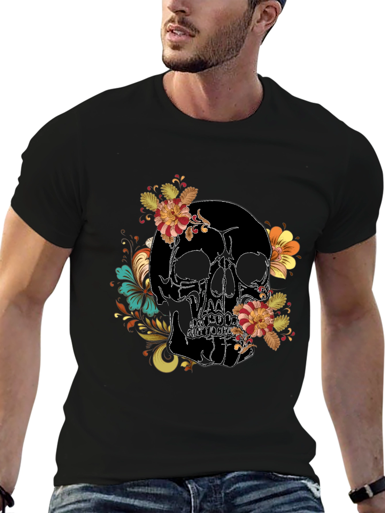 Skull Floral Print Black Tee