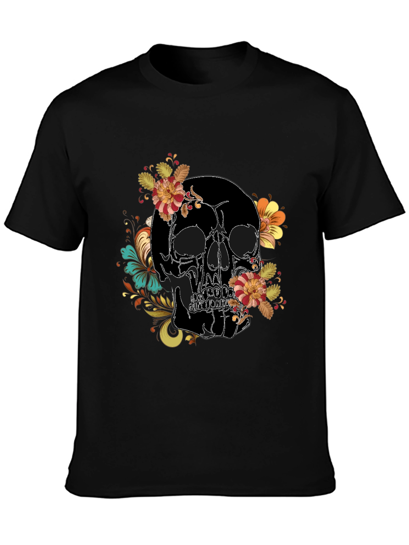 Skull Floral Print Black Tee