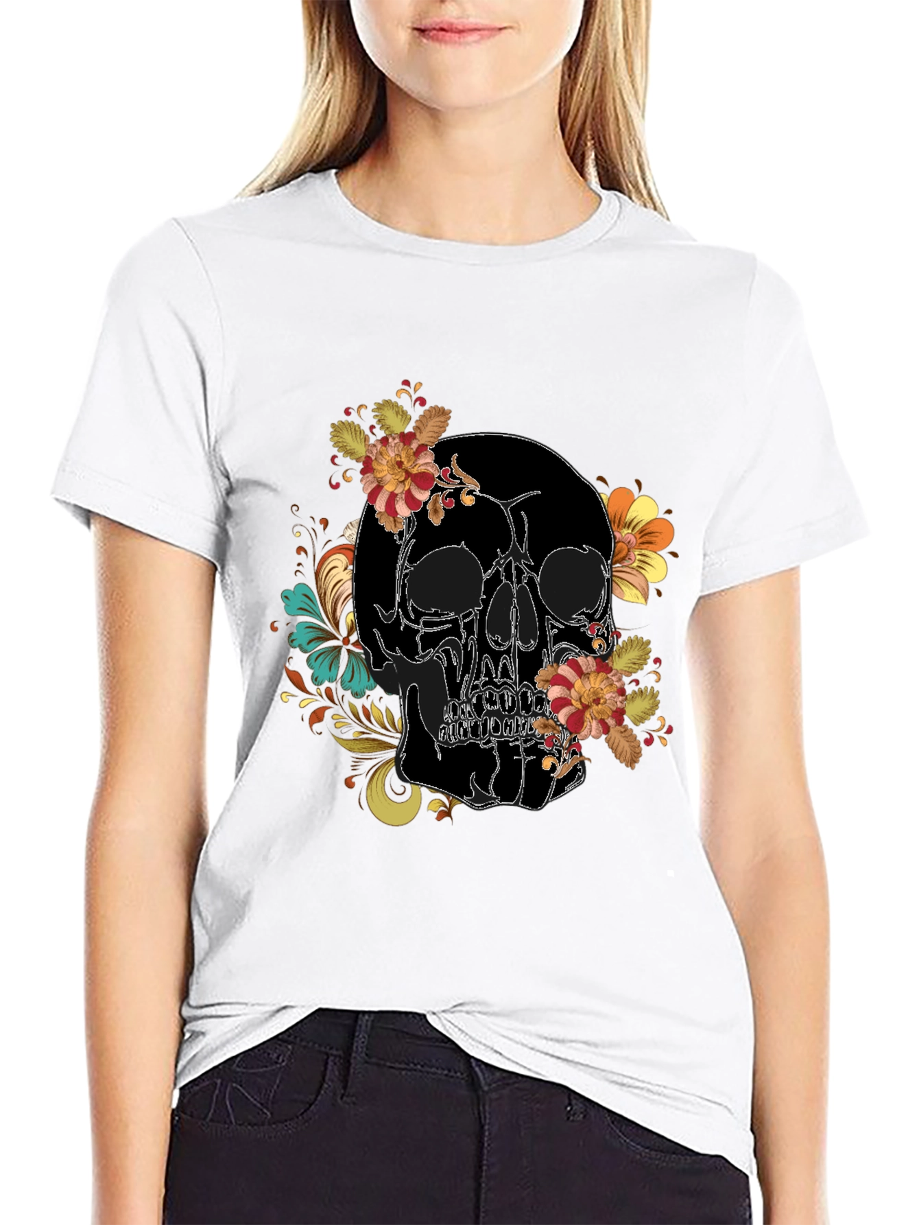 Skull Floral Print Black Tee