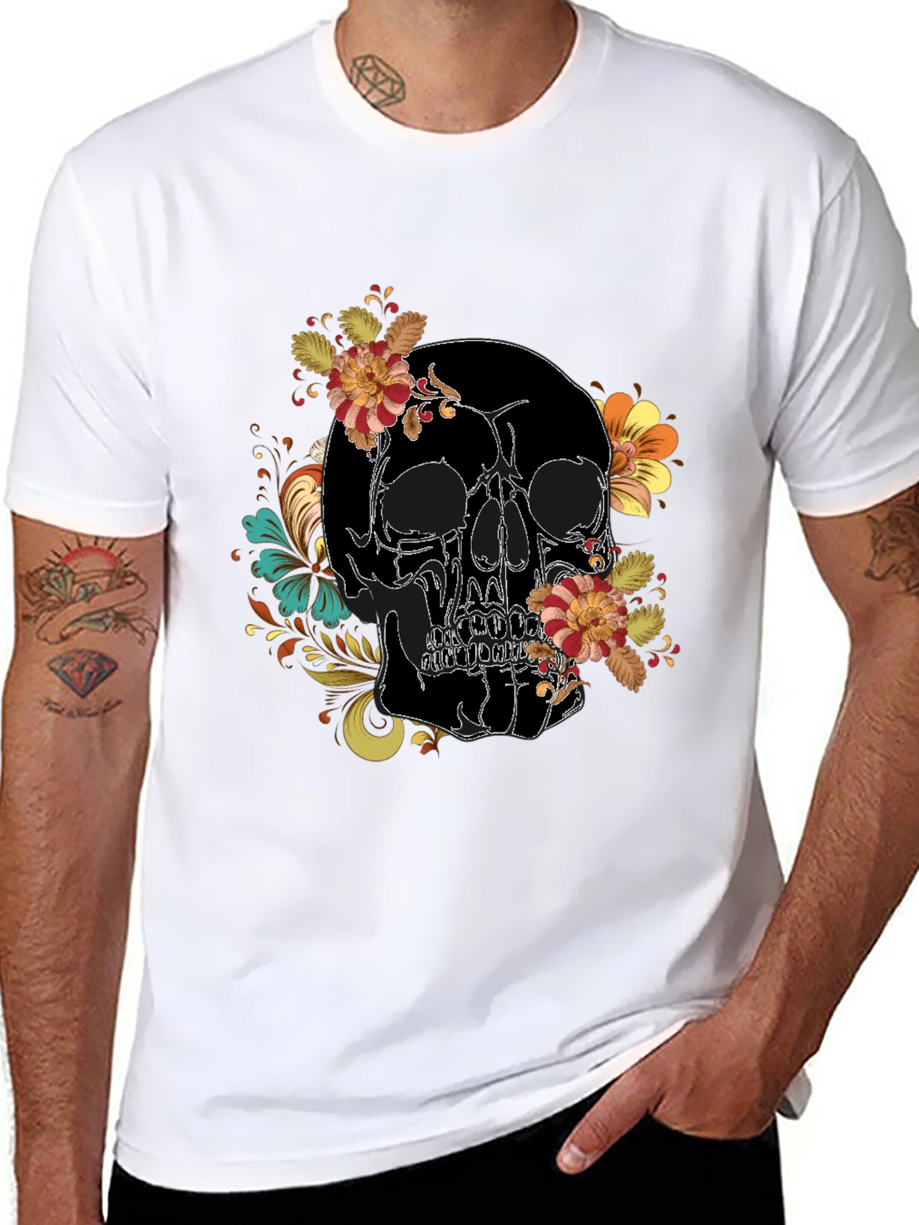 Skull Floral Print Black Tee