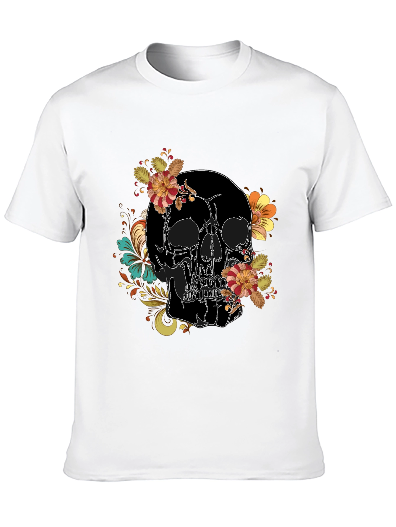 Skull Floral Print Black Tee