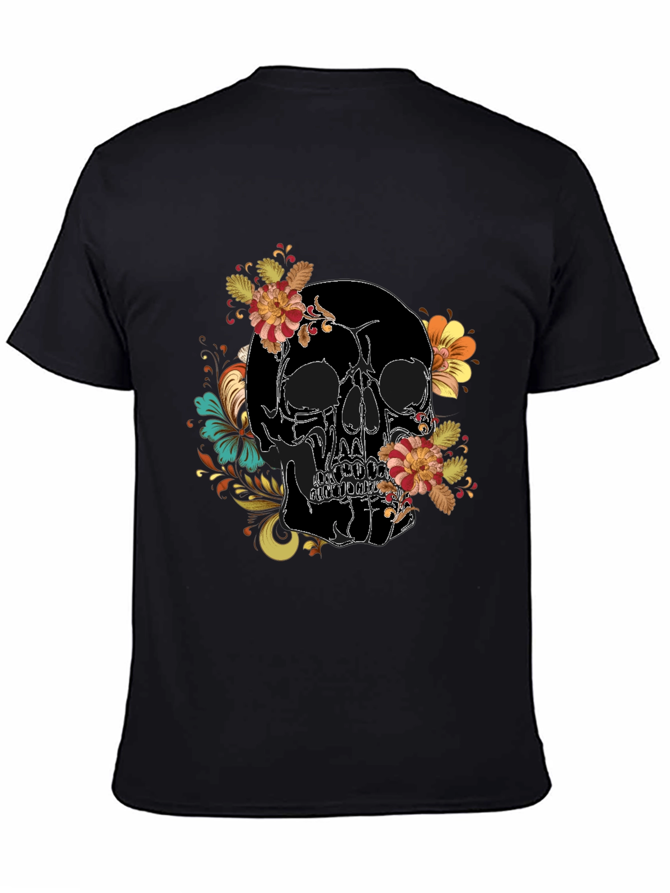 Skull Floral Print Black Tee