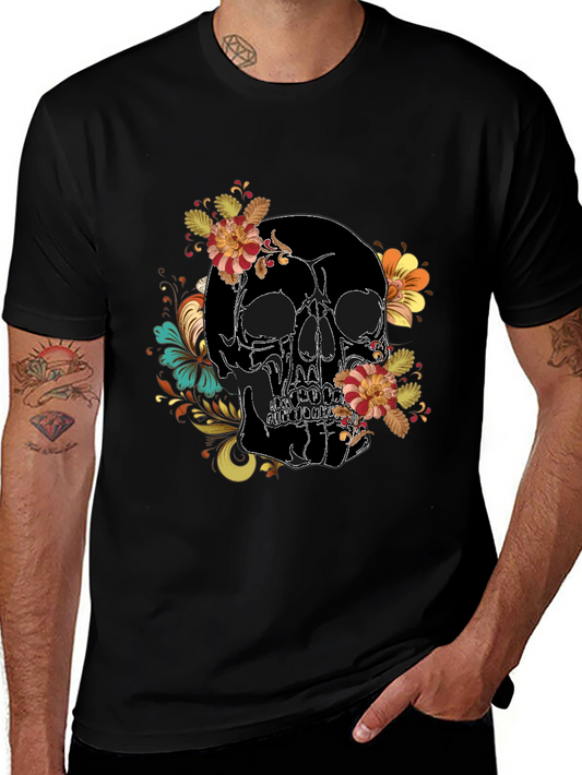 Skull Floral Print Black Tee