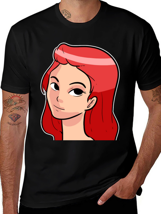 Red Haired Cartoon Girl Graphic Black T-Shirt