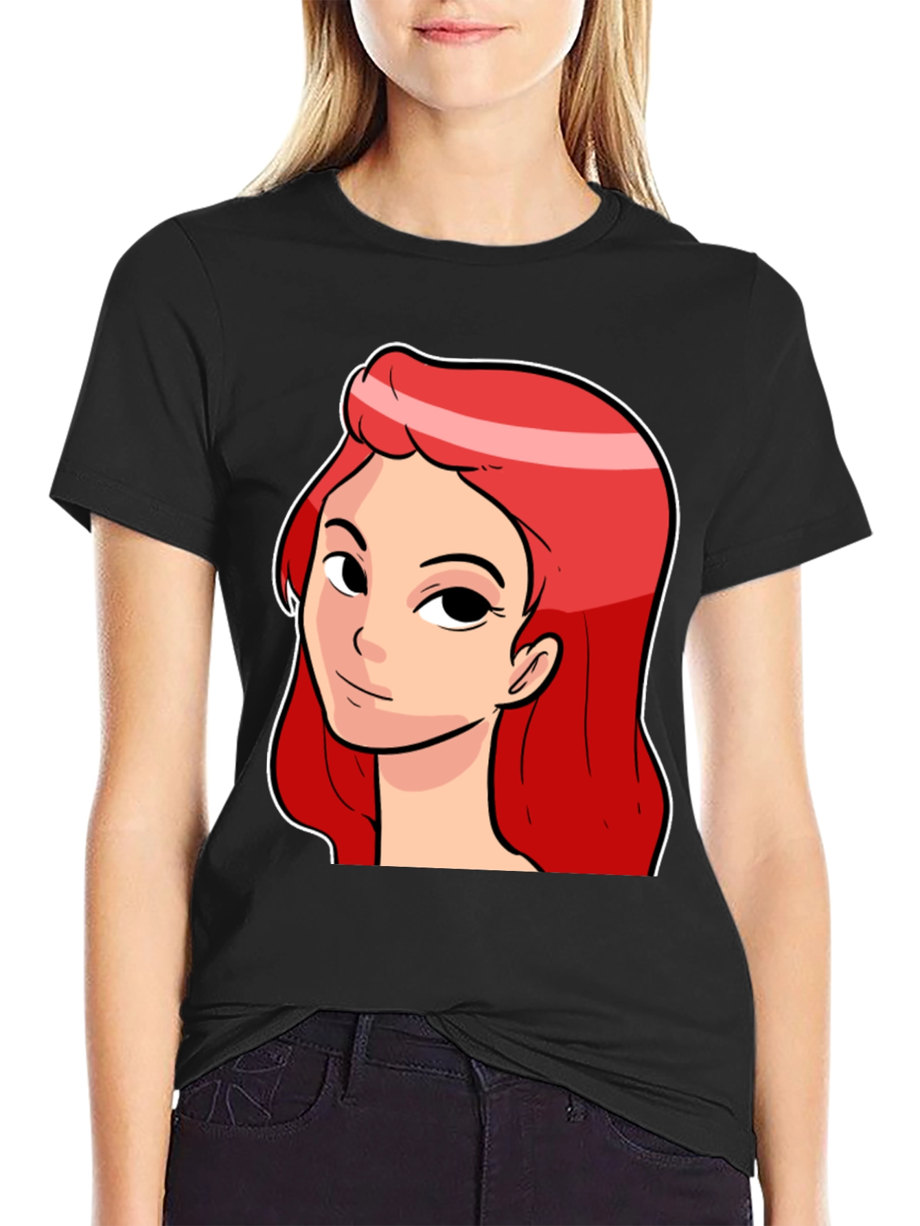 Red Haired Cartoon Girl Graphic Black T-Shirt