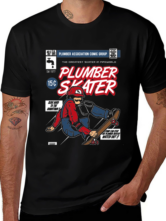 Plumber Skater Comic T-Shirt - Black Cotton Graphic Tee
