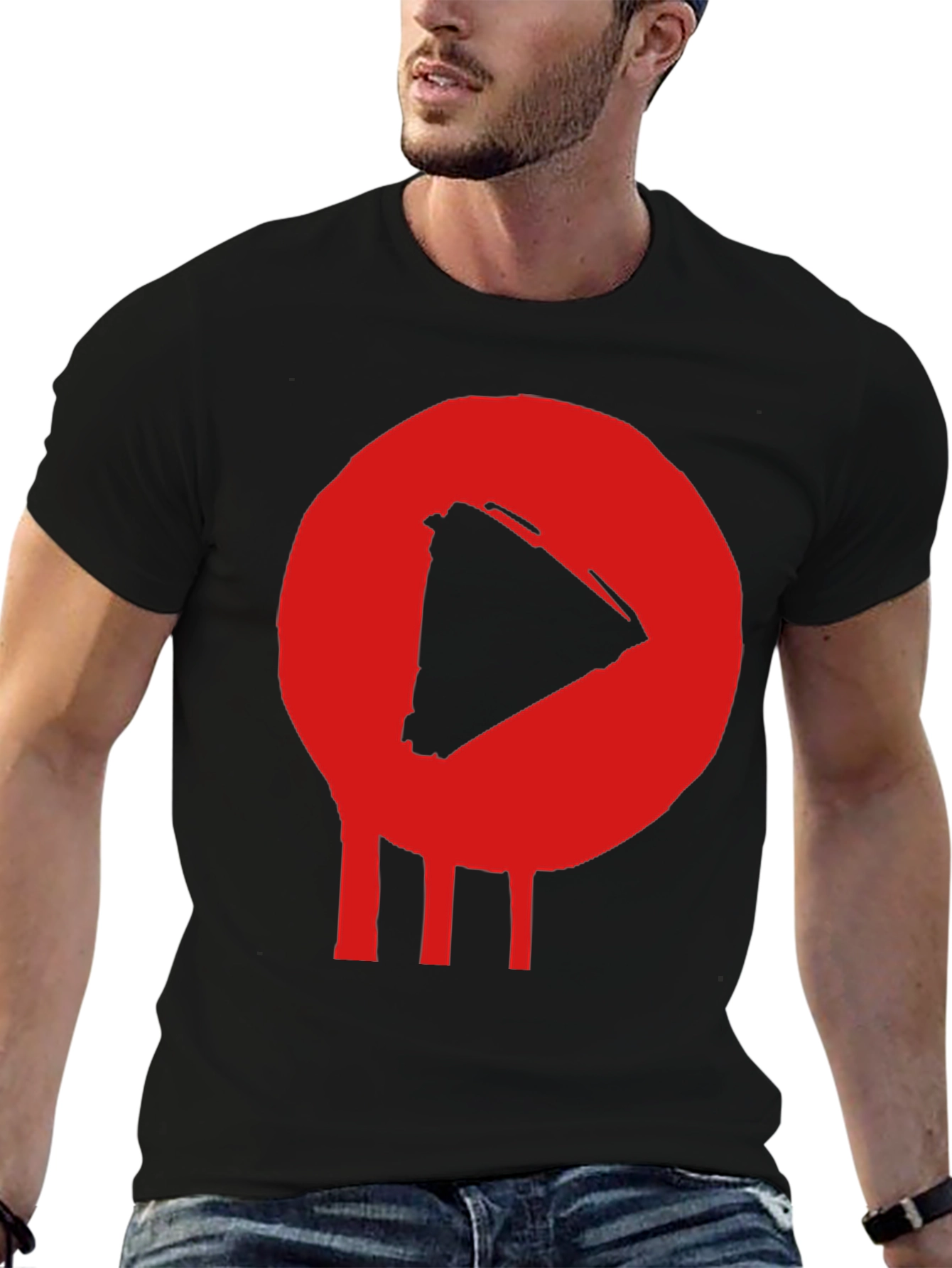 Play Button T-Shirt - Red Graphic Print Black Cotton