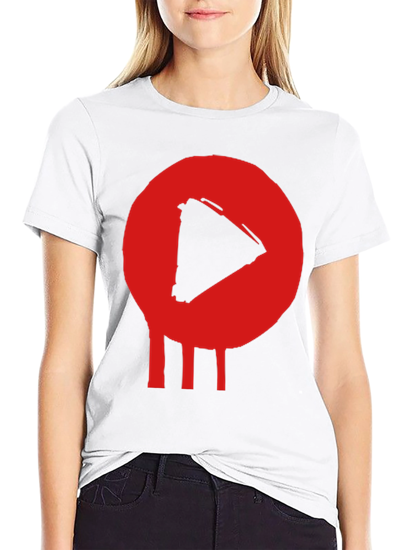 Play Button T-Shirt - Red Graphic Print Black Cotton