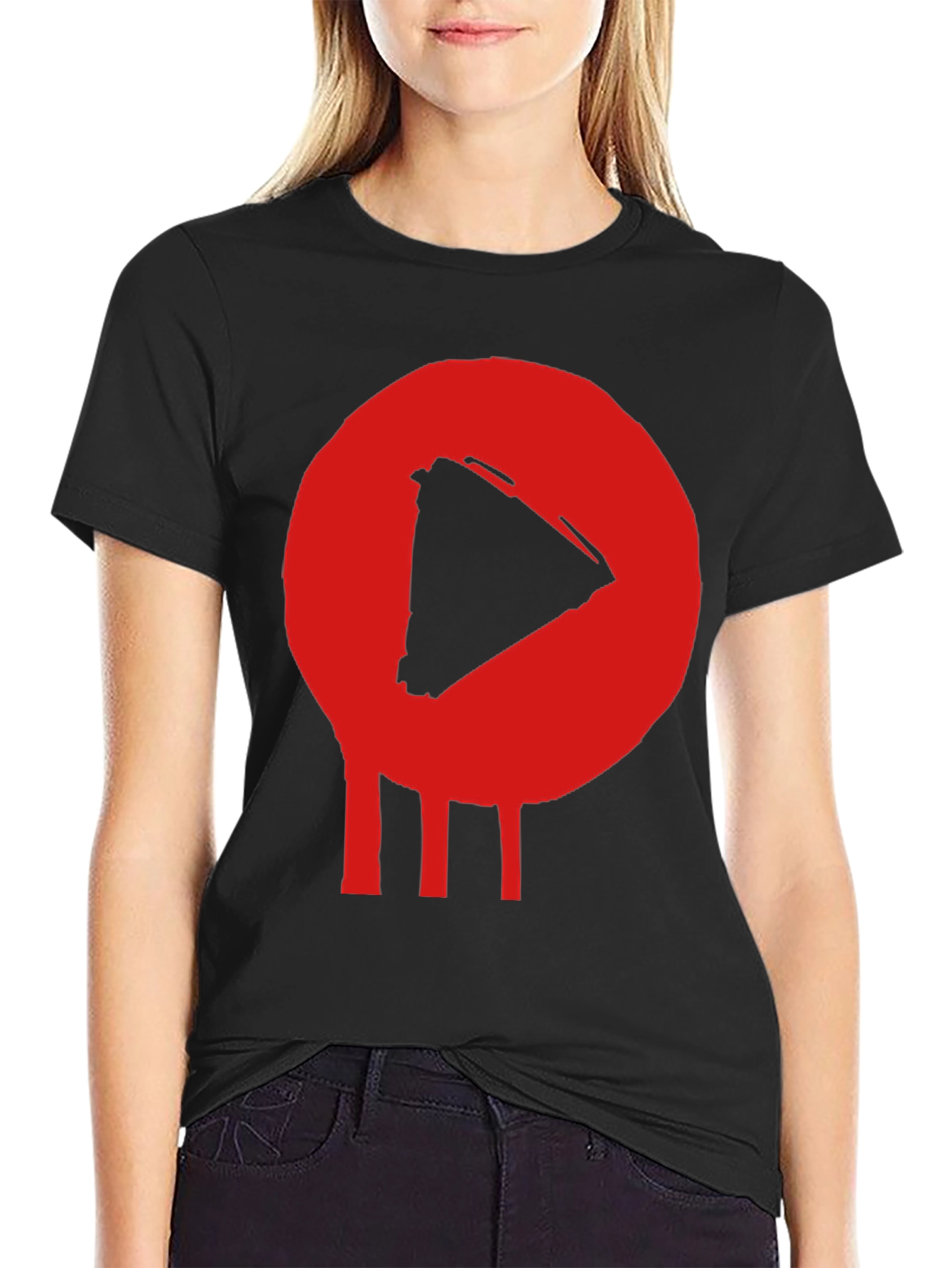 Play Button T-Shirt - Red Graphic Print Black Cotton