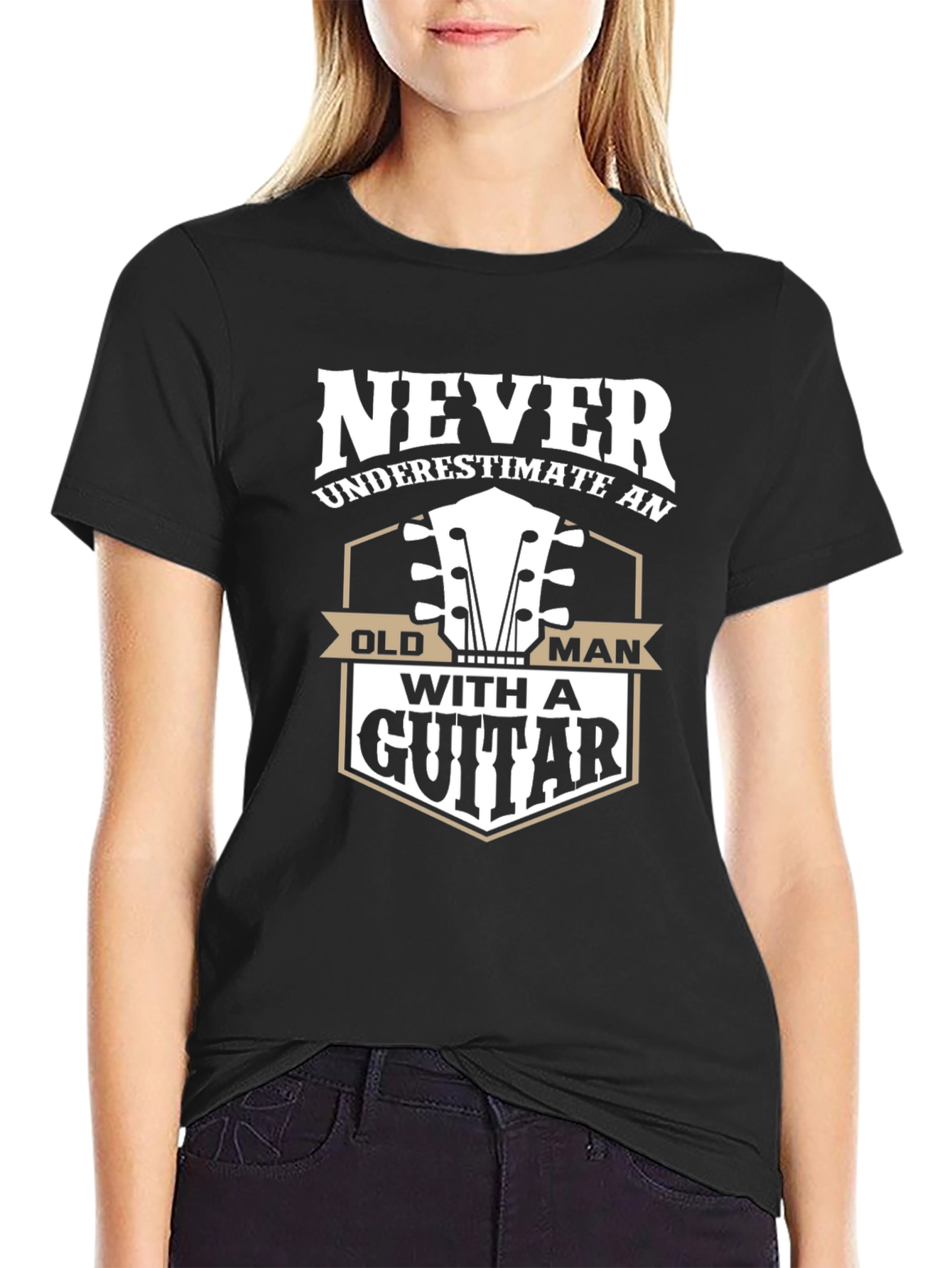 Never Underestimate Old Man with Guitar Graphic T-Shirt