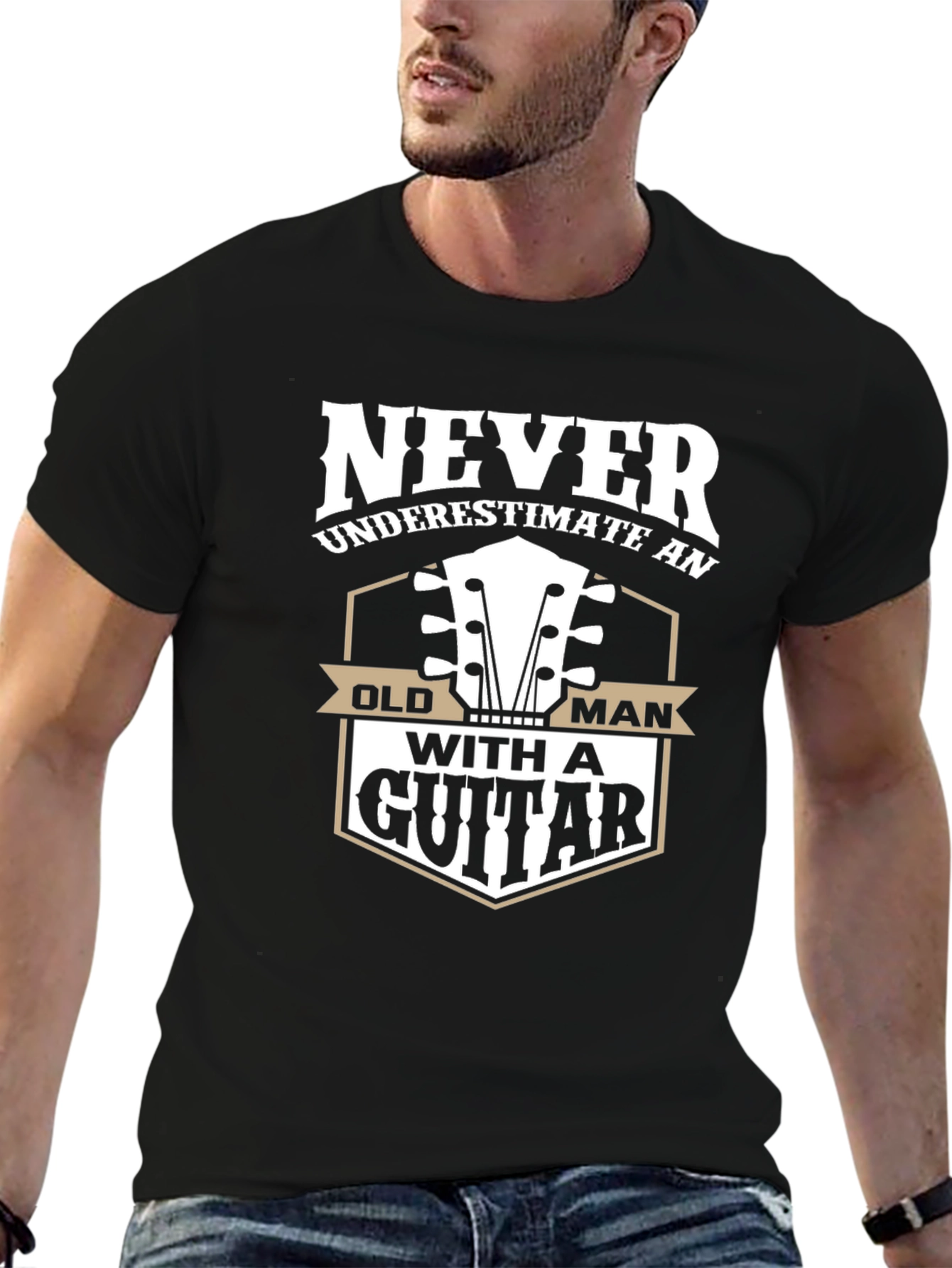 Never Underestimate Old Man with Guitar Graphic T-Shirt