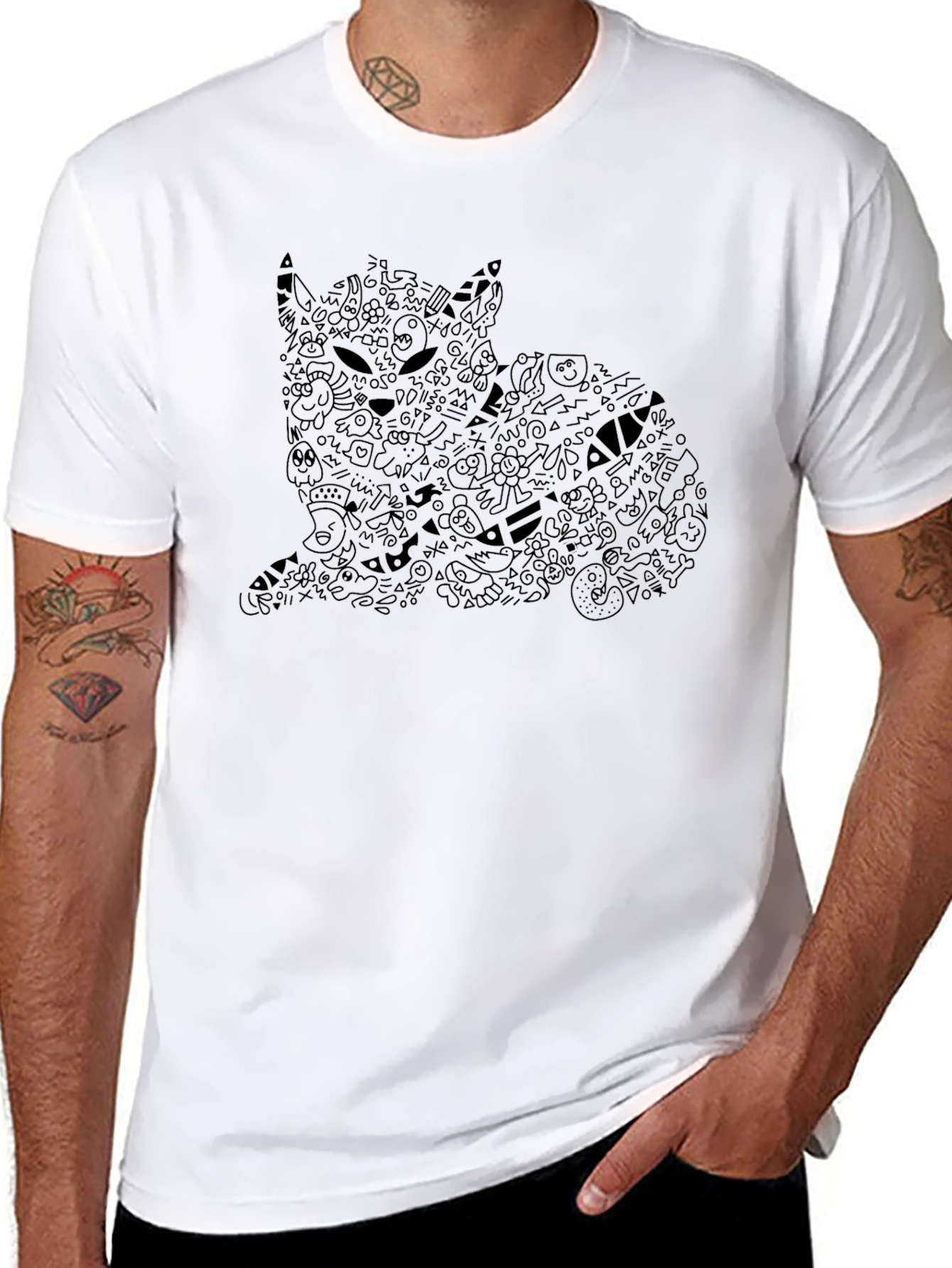 Abstract Doodle Cat T-Shirt - Black