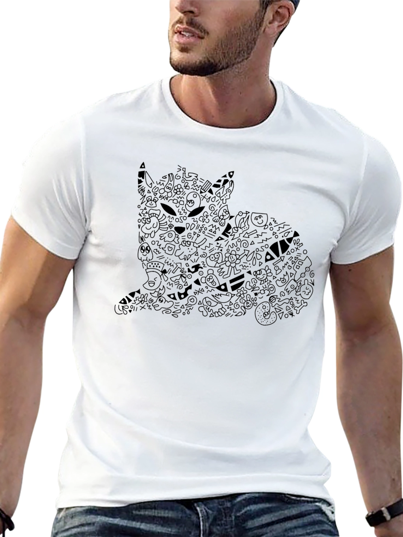 Abstract Doodle Cat T-Shirt - Black