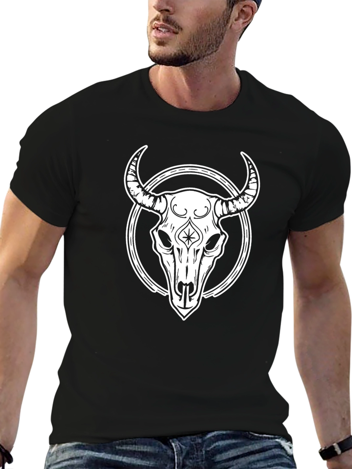 Bull Skull Graphic Tee - Black Cotton Casual Shirt