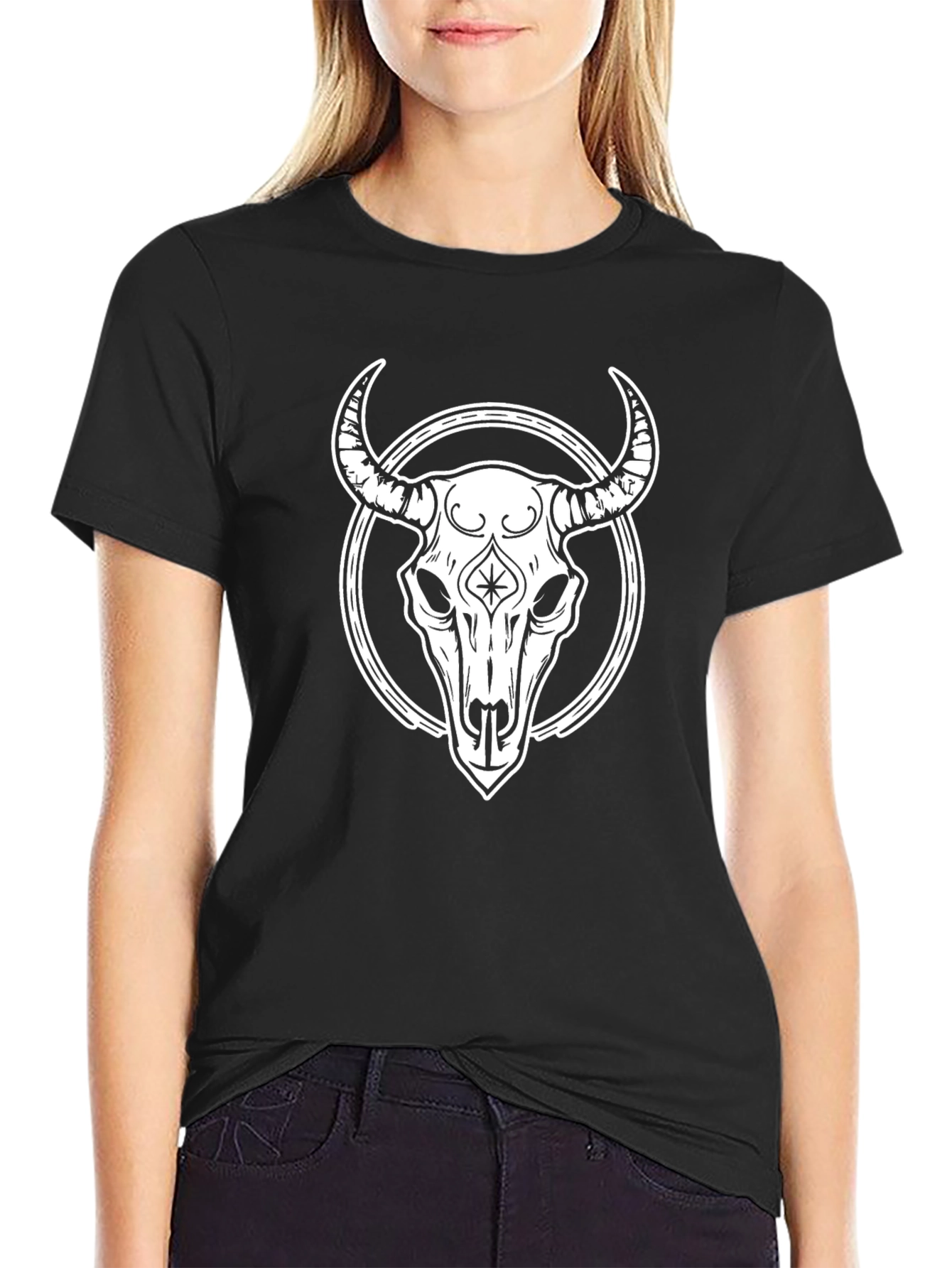 Bull Skull Graphic Tee - Black Cotton Casual Shirt