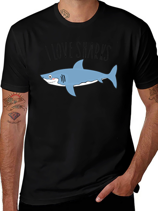 I Love Sharks Graphic T-Shirt - Black Crew Neck Tee