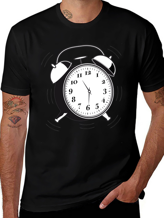 Alarm Clock Graphic Tee - Black Cotton Casual Shirt