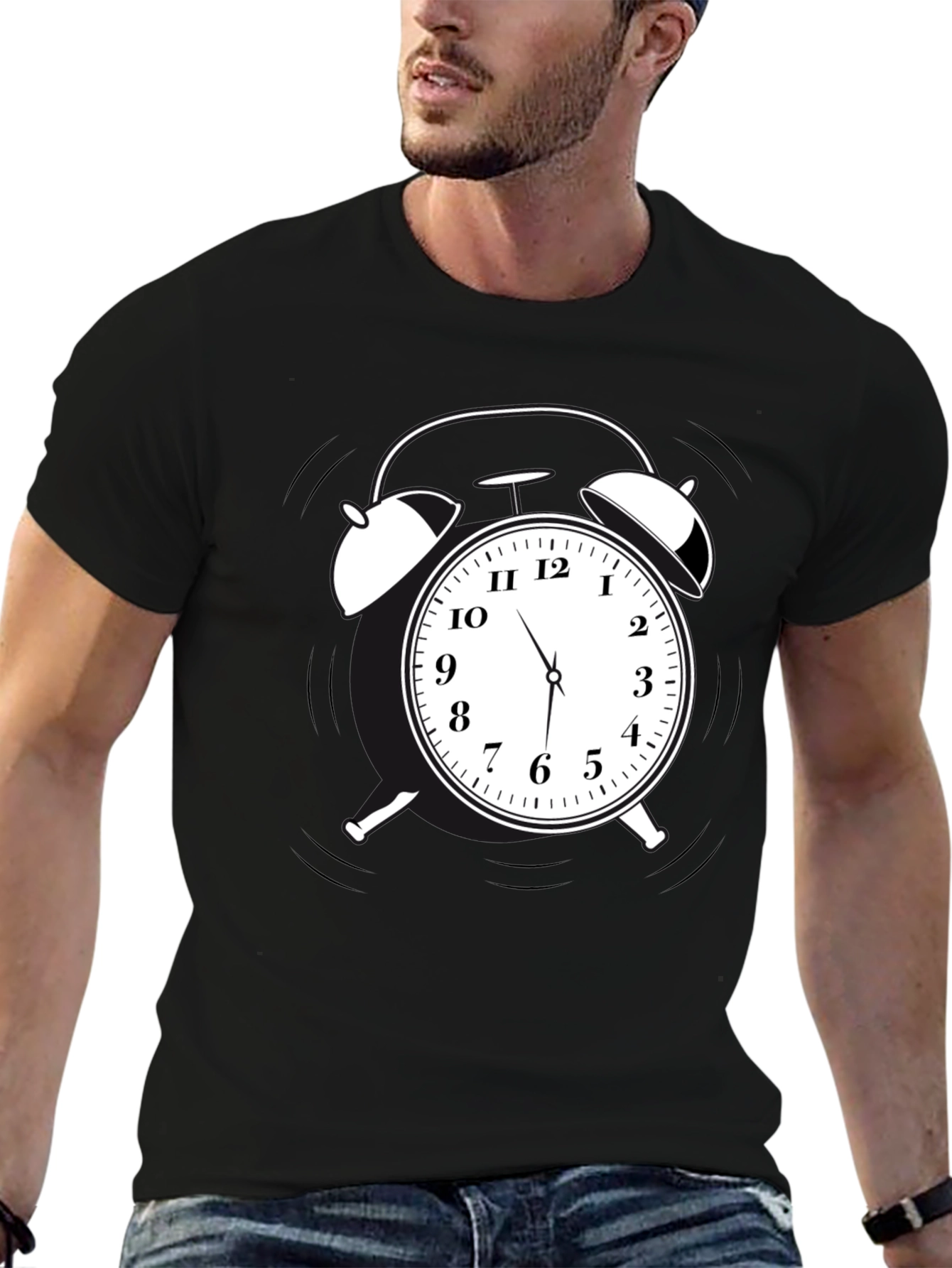 Alarm Clock Graphic Tee - Black Cotton Casual Shirt
