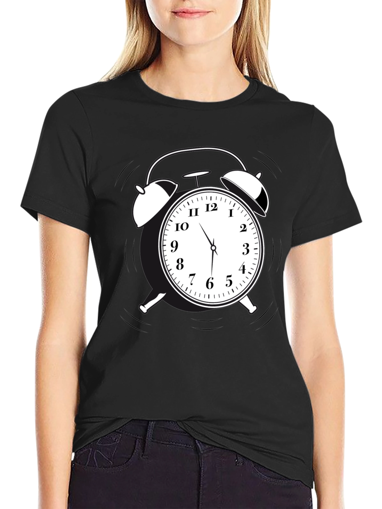 Alarm Clock Graphic Tee - Black Cotton Casual Shirt