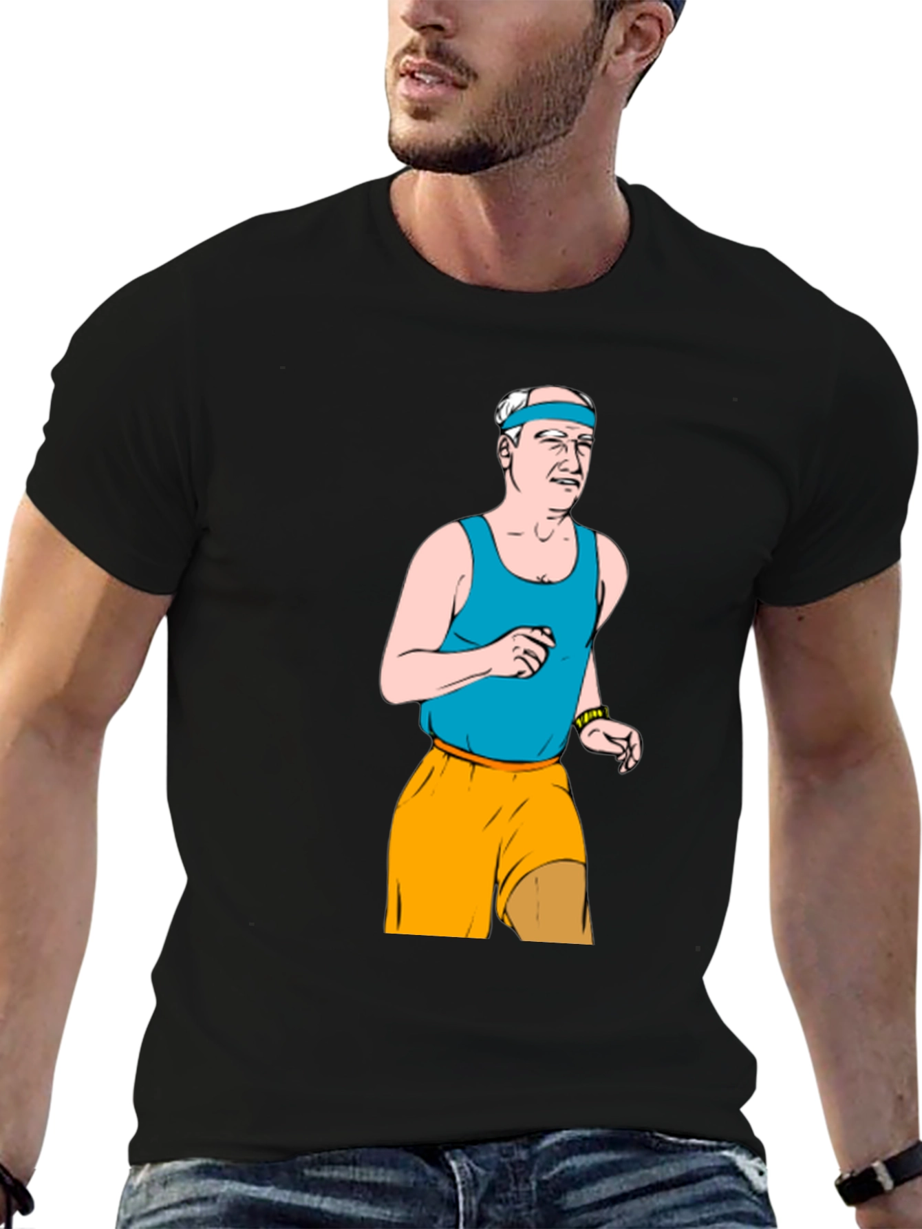 Funny Old Man Running Cartoon Black T-Shirt