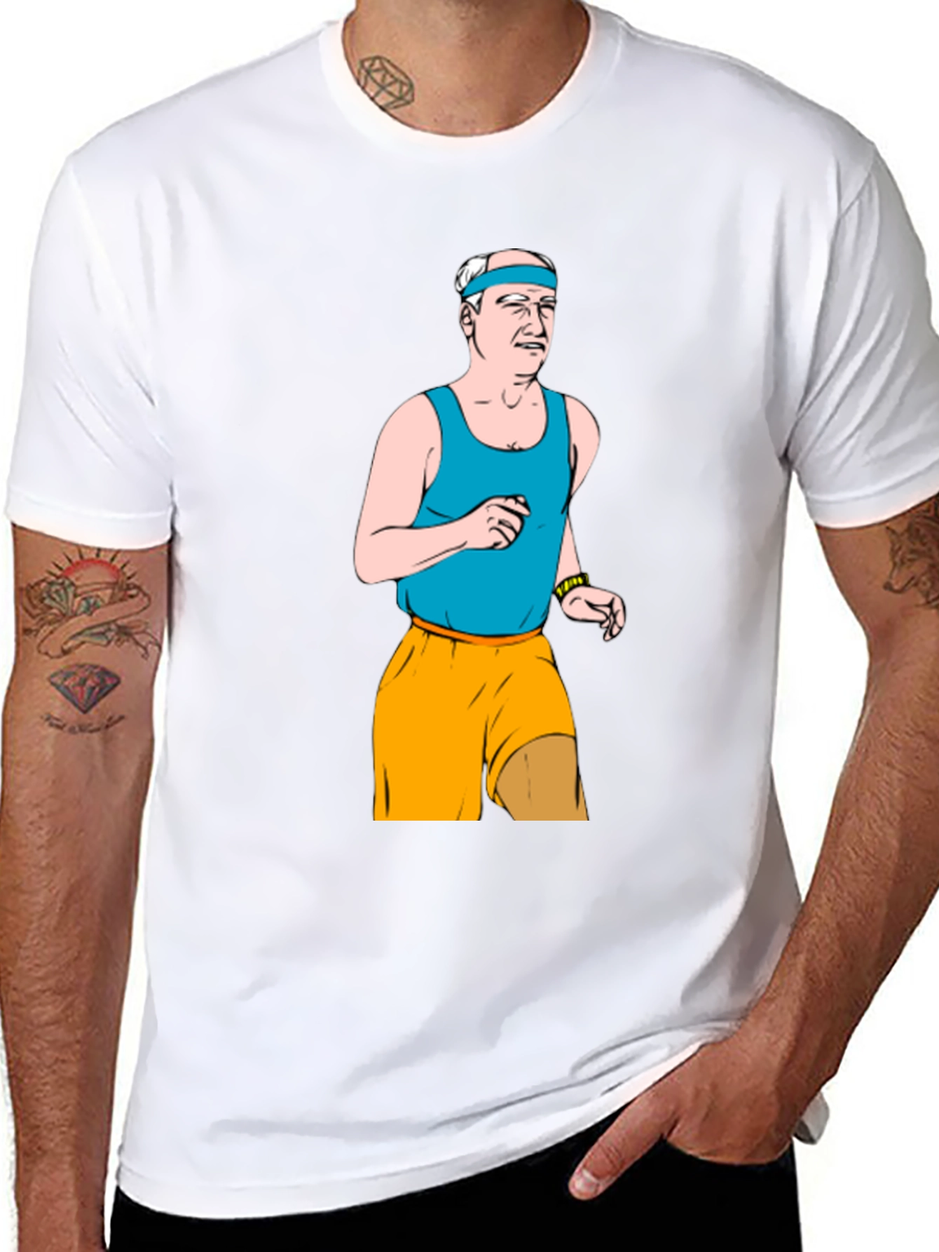 Funny Old Man Running Cartoon Black T-Shirt