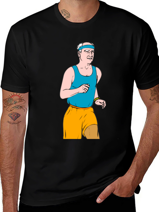 Funny Old Man Running Cartoon Black T-Shirt