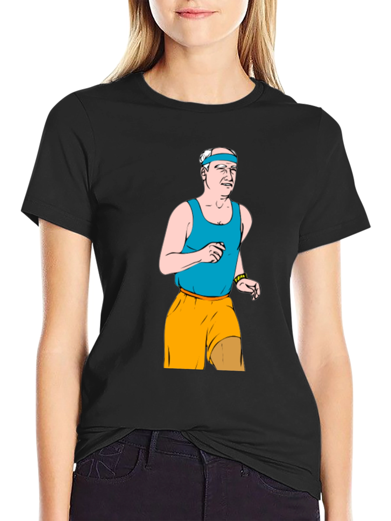 Funny Old Man Running Cartoon Black T-Shirt