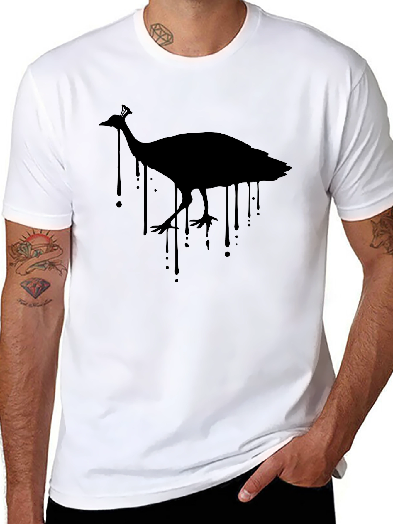 Mens Black T-Shirt with Peacock Graphic