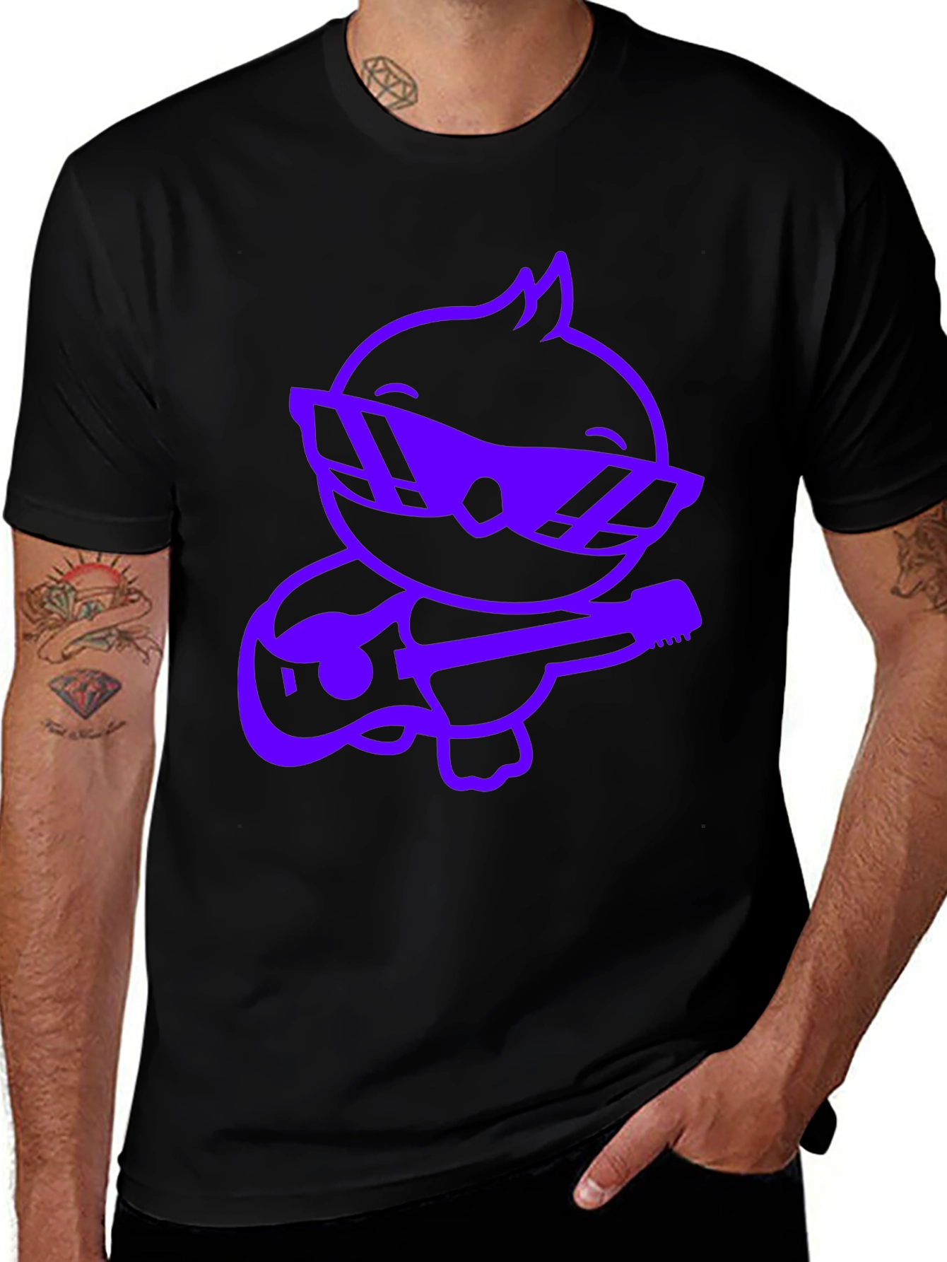 Cool Purple Cartoon Duck Guitarist Black T-Shirt