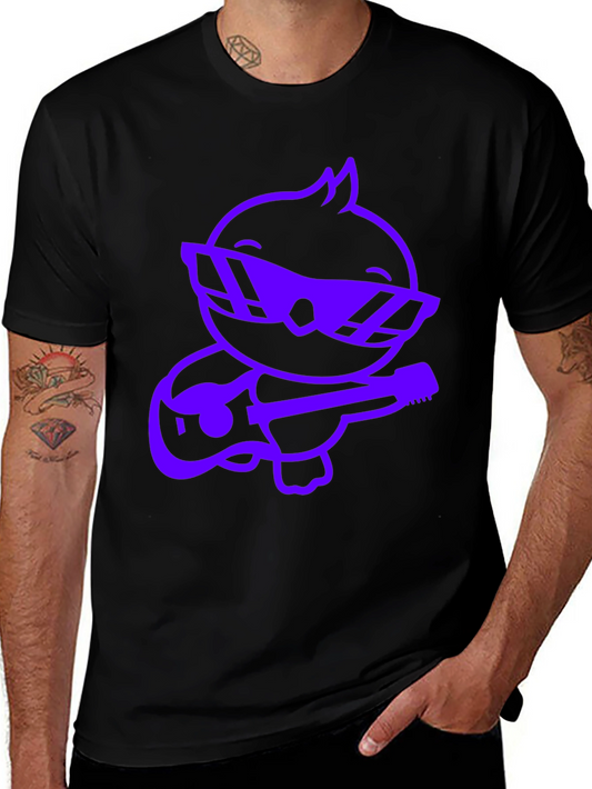 Cool Purple Cartoon Duck Guitarist Black T-Shirt