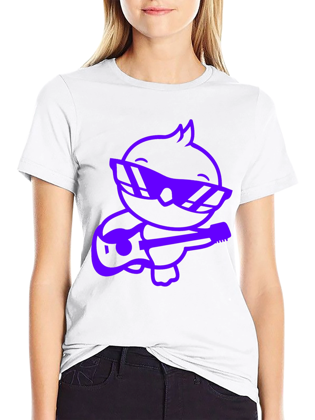 Cool Purple Cartoon Duck Guitarist Black T-Shirt