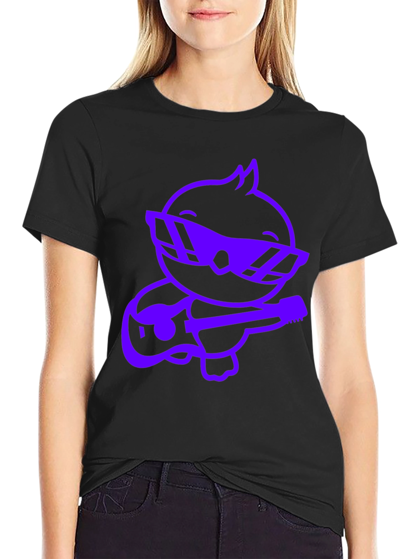 Cool Purple Cartoon Duck Guitarist Black T-Shirt