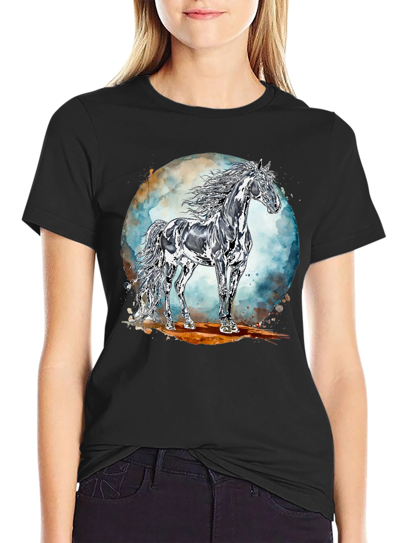 Majestic Horse Graphic Tee - Black Cotton Blend