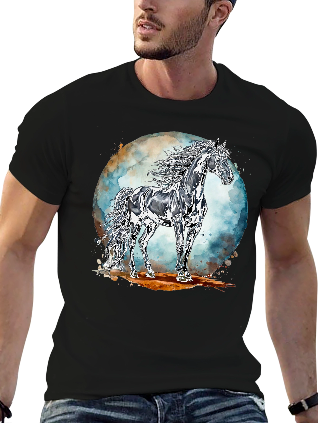 Majestic Horse Graphic Tee - Black Cotton Blend