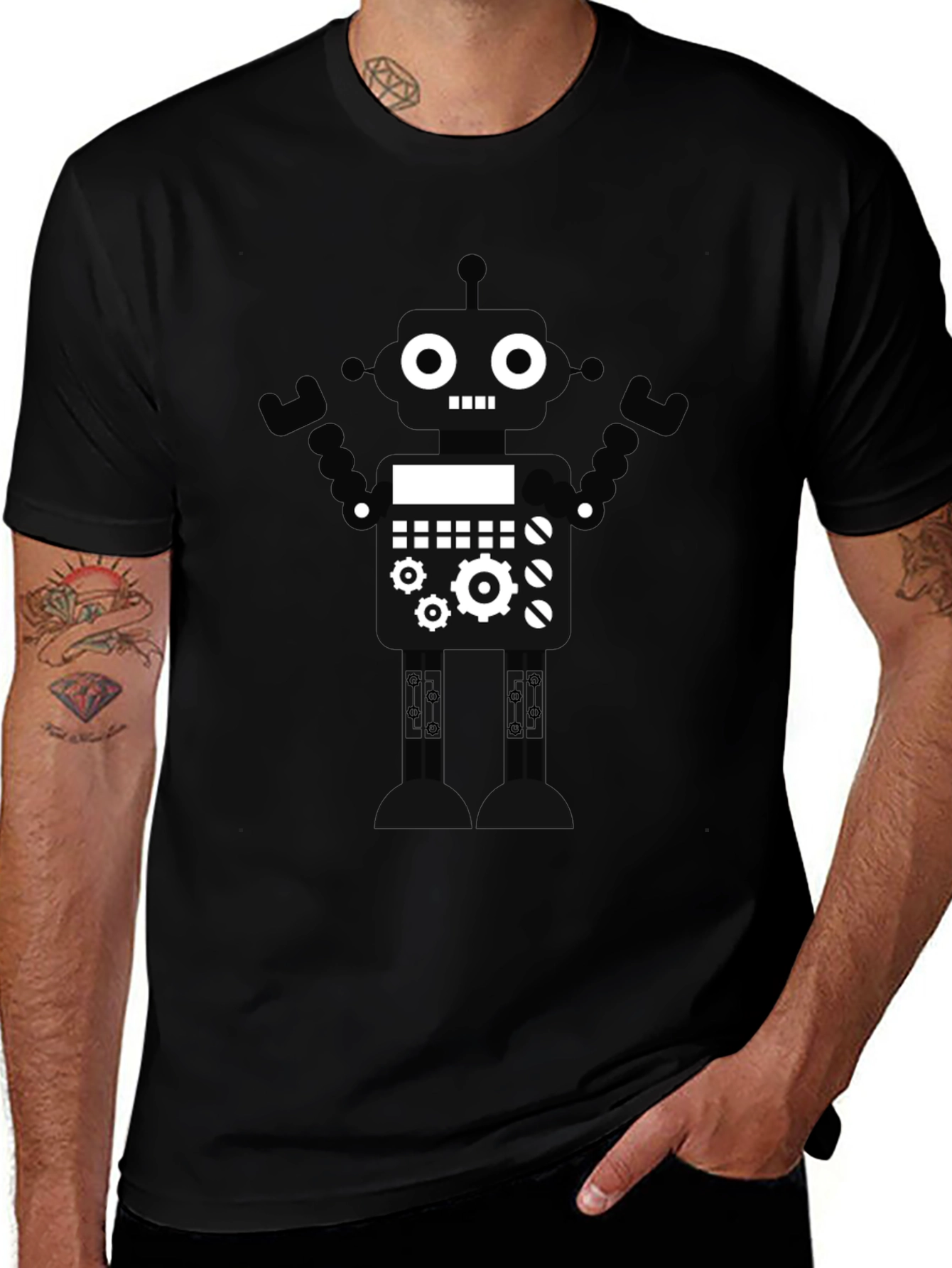 Robot Graphic T-Shirt - Black Crew Neck Tee