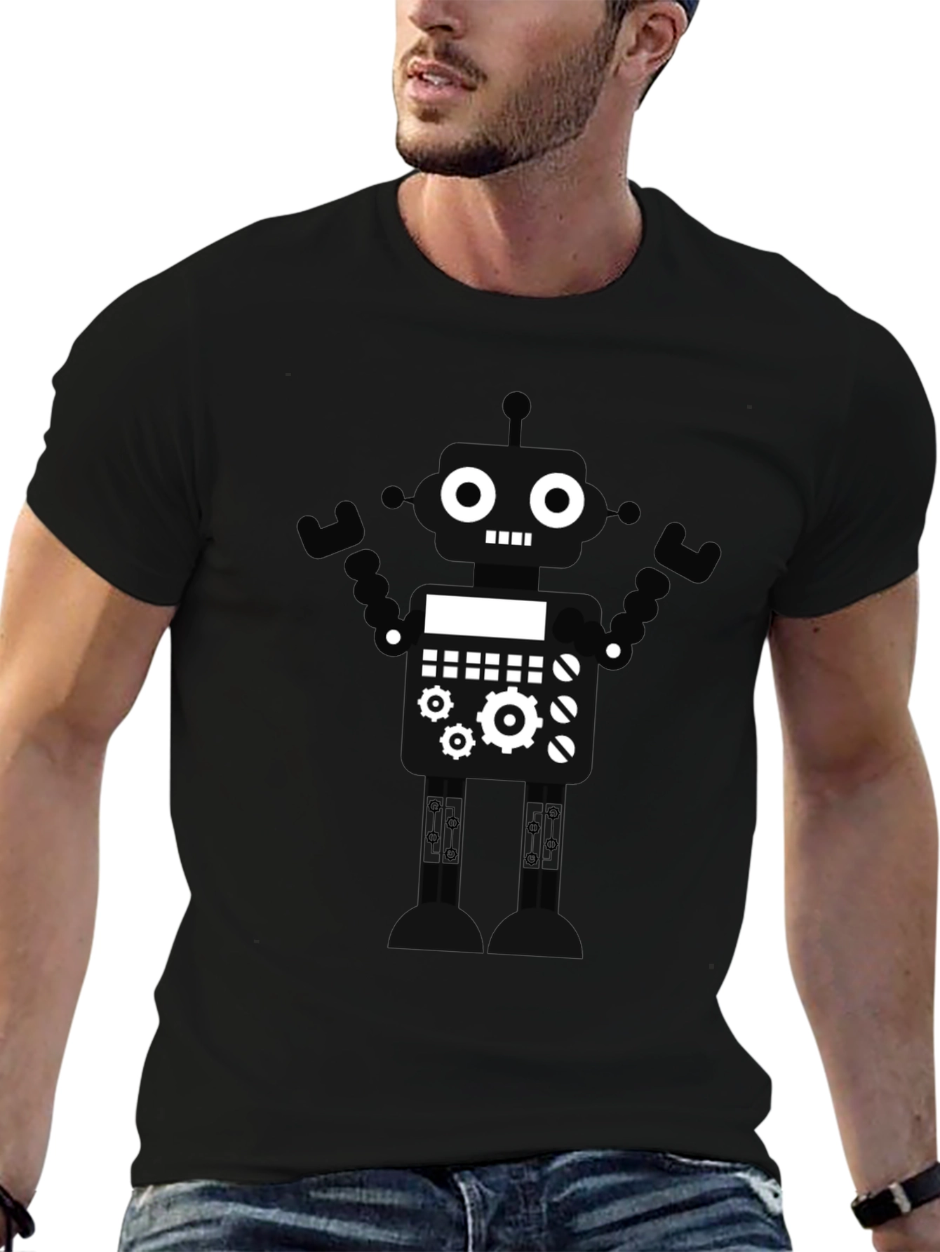 Robot Graphic T-Shirt - Black Crew Neck Tee