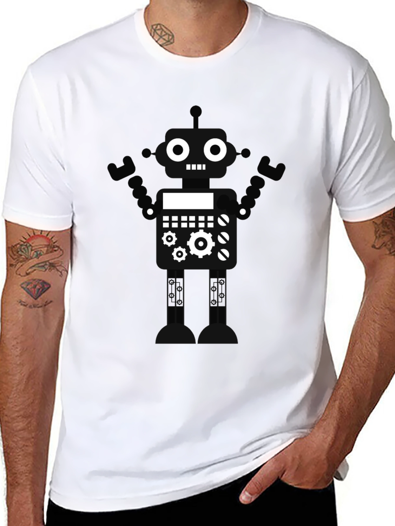 Robot Graphic T-Shirt - Black Crew Neck Tee