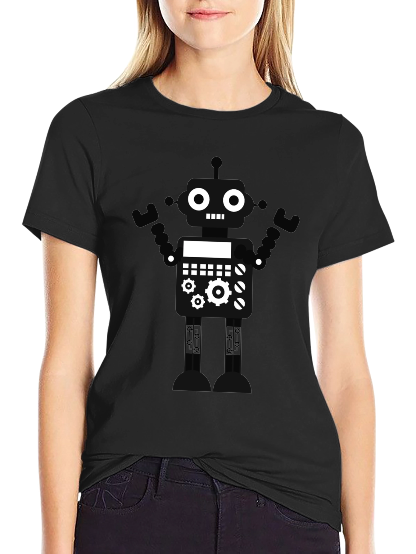 Robot Graphic T-Shirt - Black Crew Neck Tee