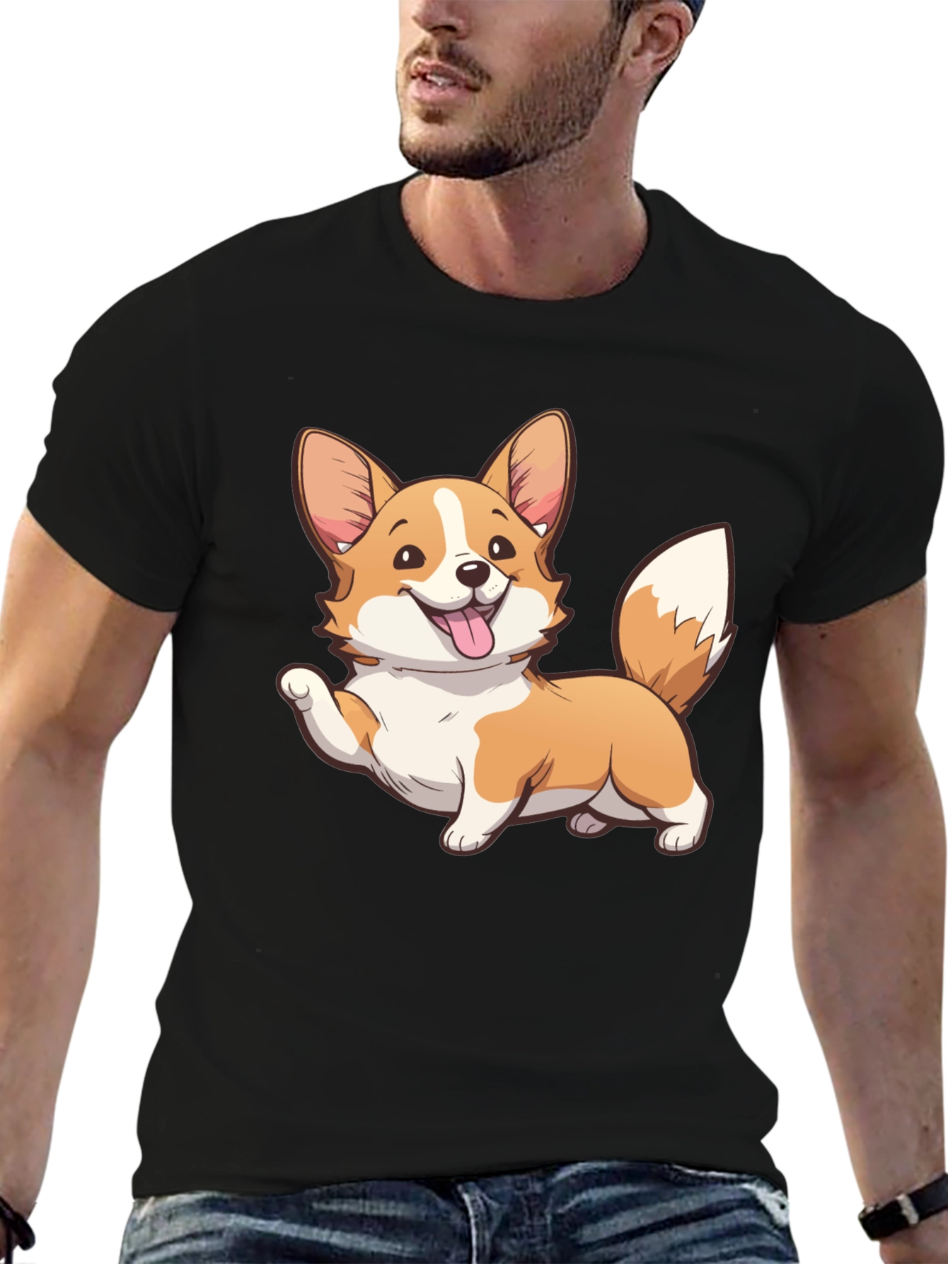 Corgi Cartoon Graphic Black T-Shirt