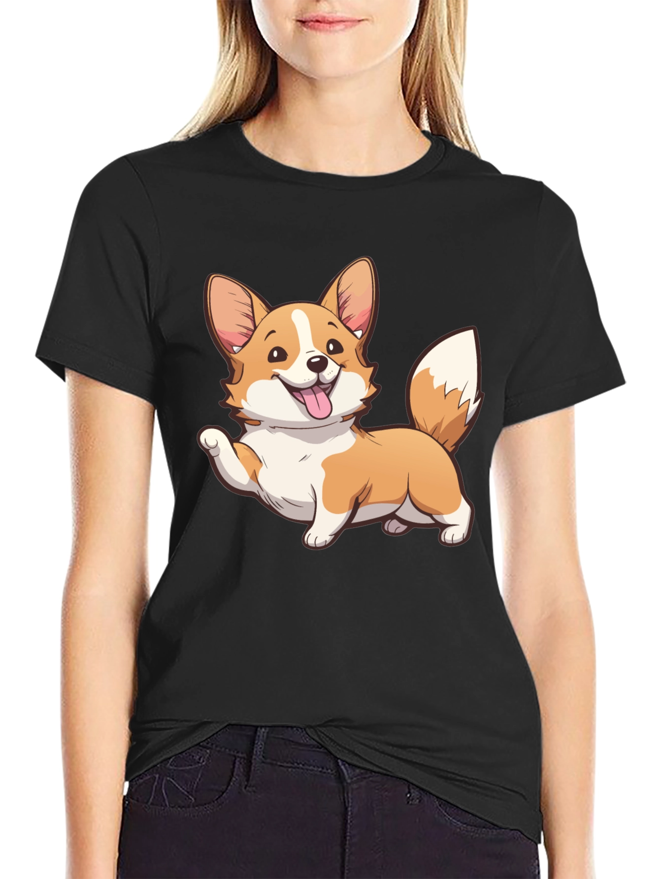 Corgi Cartoon Graphic Black T-Shirt